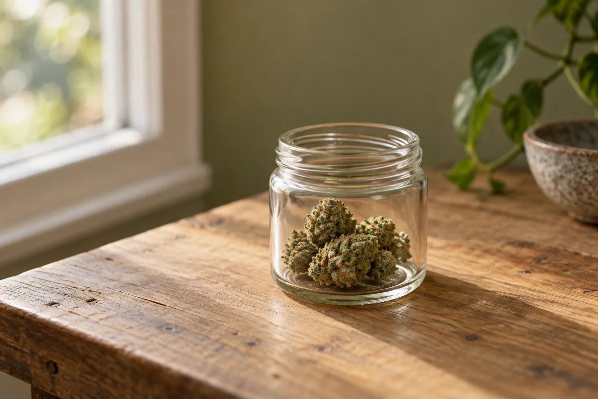 Cannabis flower in a glass jar on a wooden table beside a sunlit window.