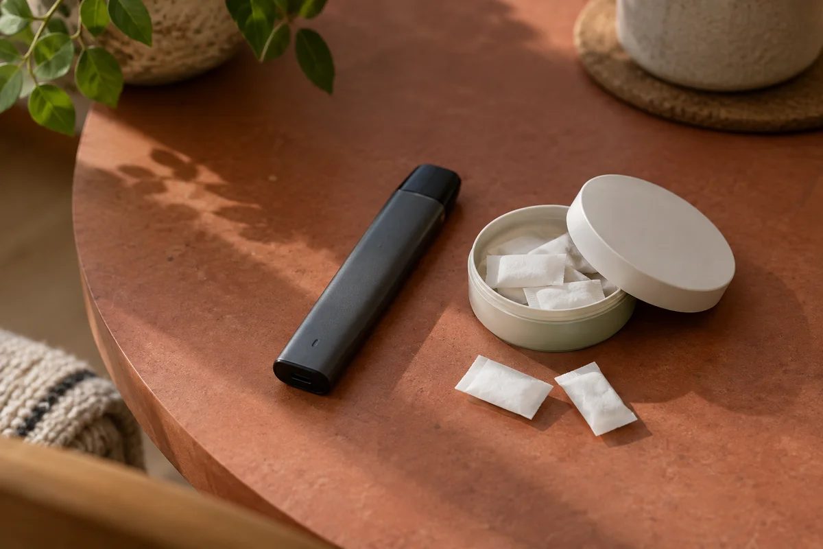 An unbranded vape and nicotine pouch tin on a warm terracotta surface.