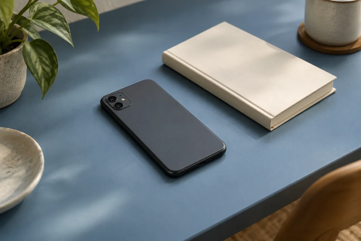 A phone set face down beside a book on a soft blue desk.