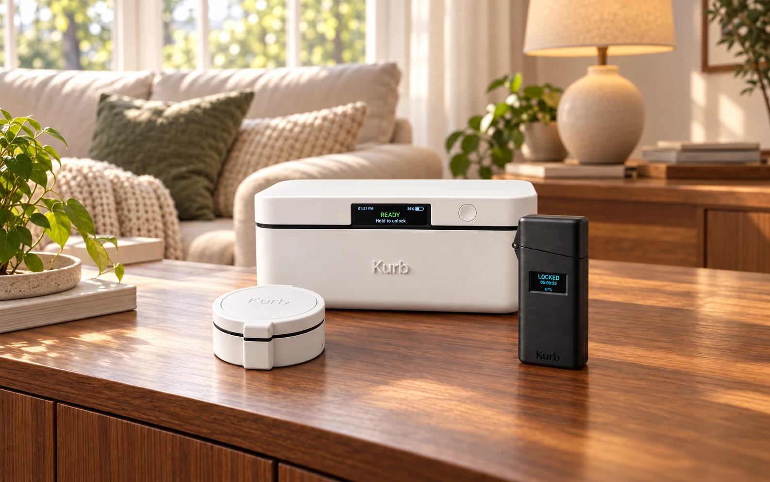 All three Kurb devices fully visible on a wooden sideboard in a warm, wide living-room scene